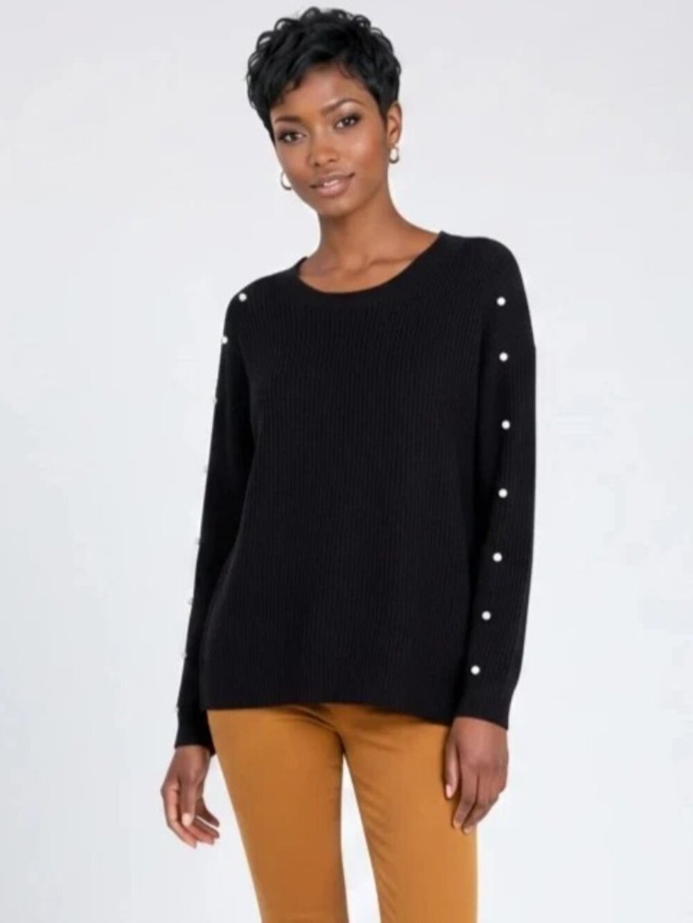 AQUA Cashmere Black Pearl-Embellished 100% Cashmere Crewneck Chunky Sweater Sz M